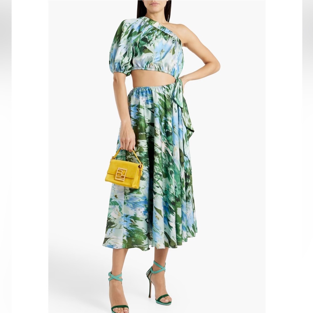 ML MONIQUE LHUILLIER One-shoulder Abstract Print Satin Midi Dress Size 4